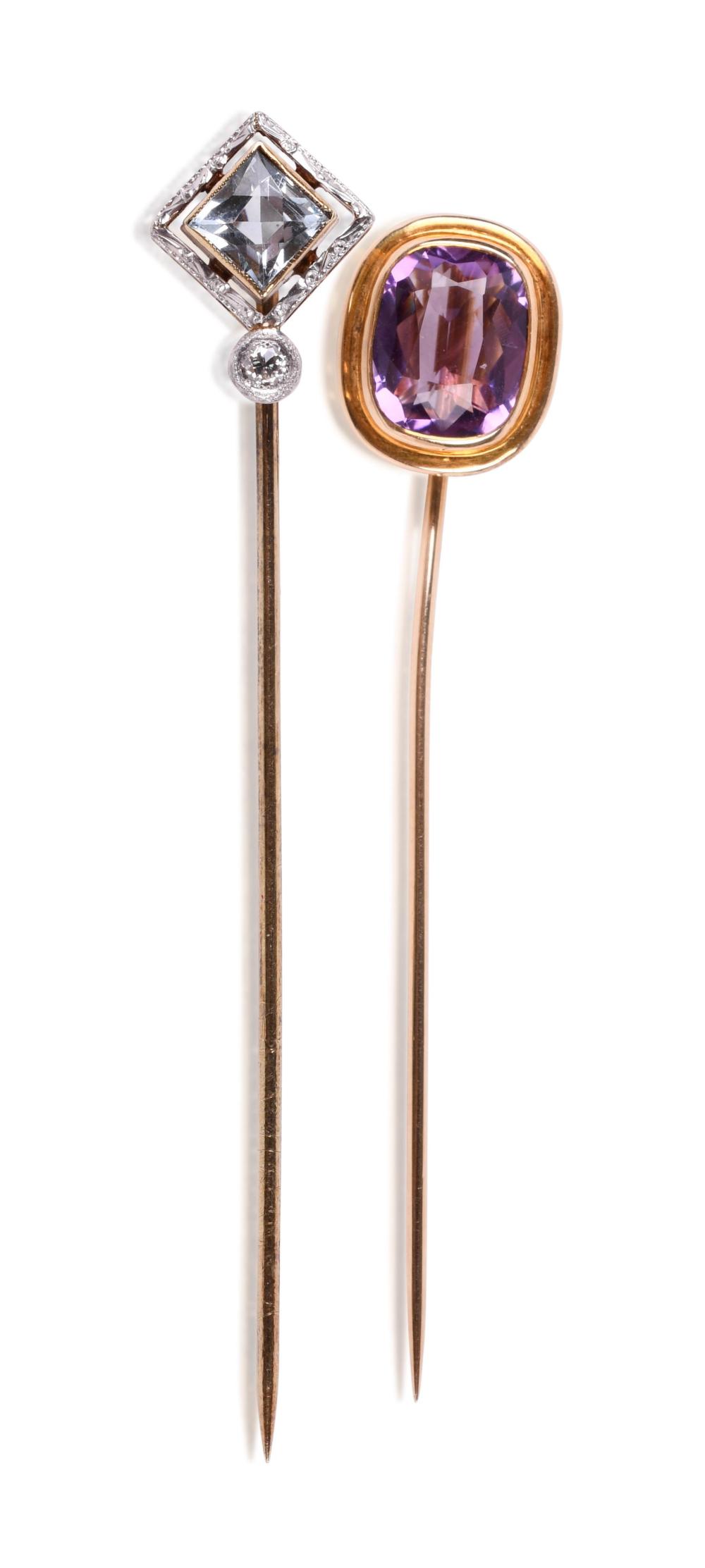 TWO ANTIQUE GEM SET STICKPINSTWO
