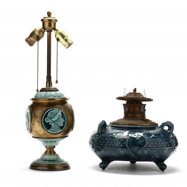 TWO ANTIQUE MAJOLICA LAMPS