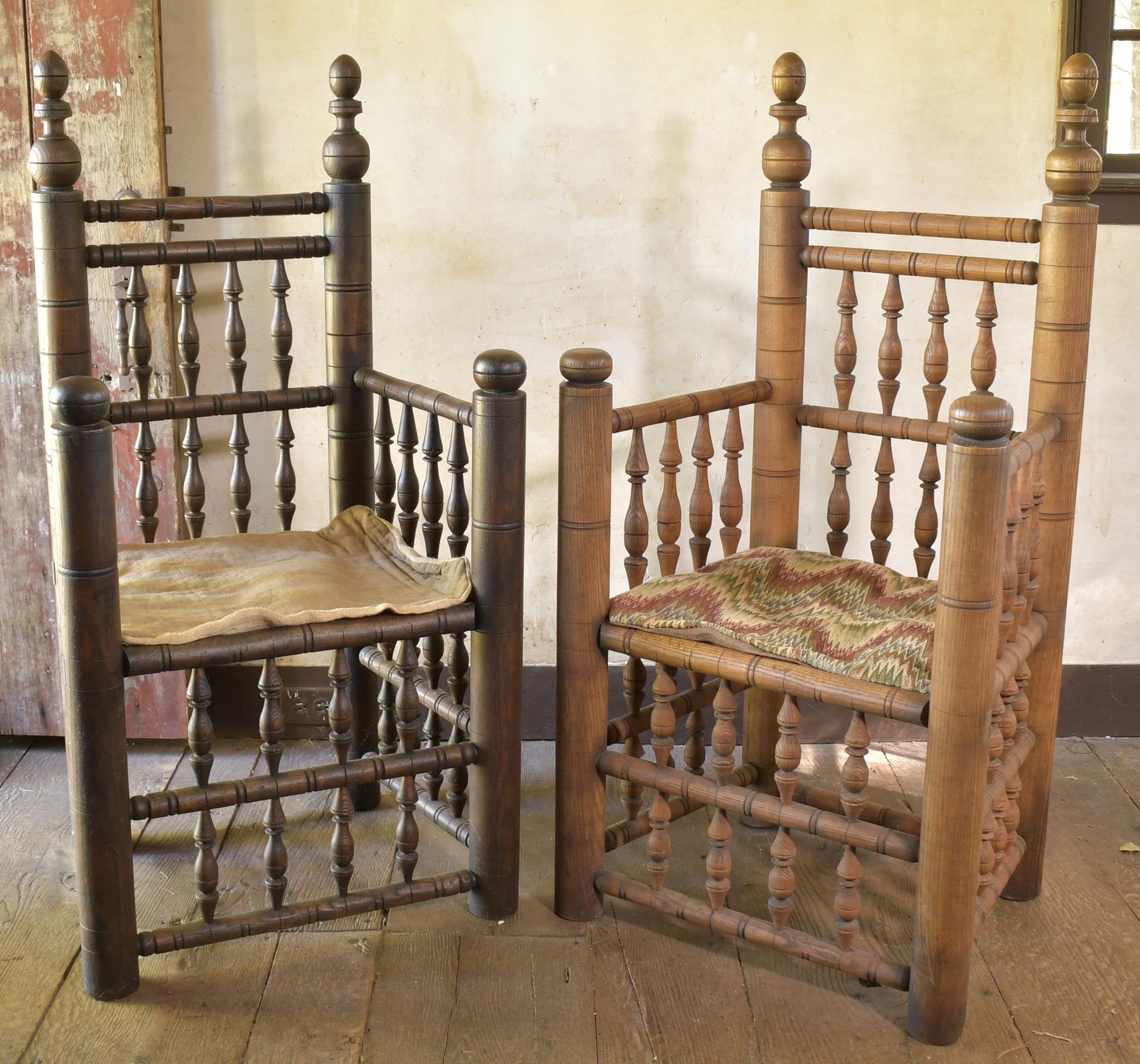 TWO ANTIQUE OAK BREWSTER CHAIRS.
