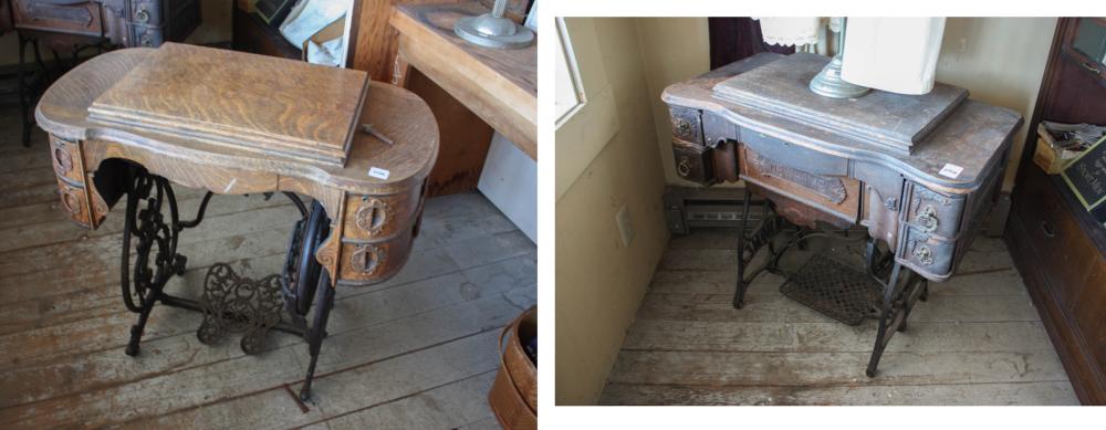 TWO ANTIQUE OAK TREADLE SEWING