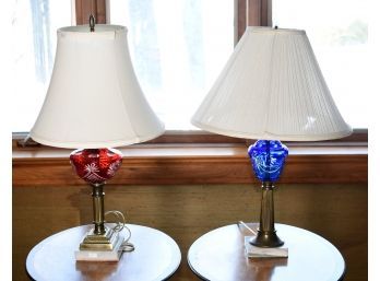 Two antique oil lamps, converted to