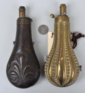TWO ANTIQUE POWDER FLASKSbrass
