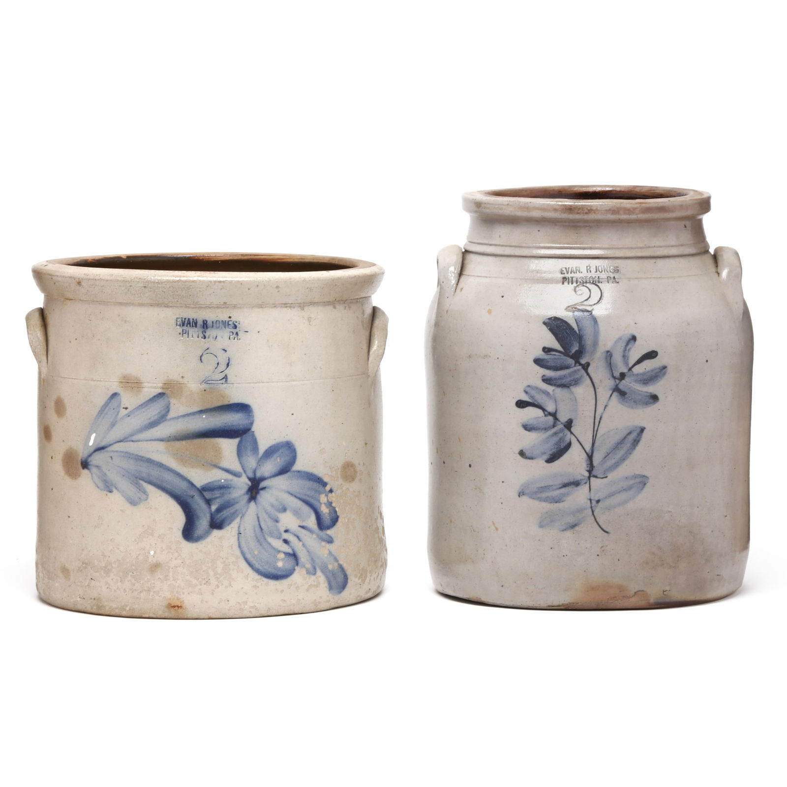 TWO ANTIQUE STONEWARE POTS, EVAN R.