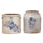 TWO ANTIQUE STONEWARE POTS, EV