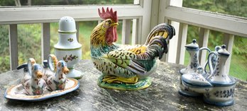 Two antique tin glazed condiments
