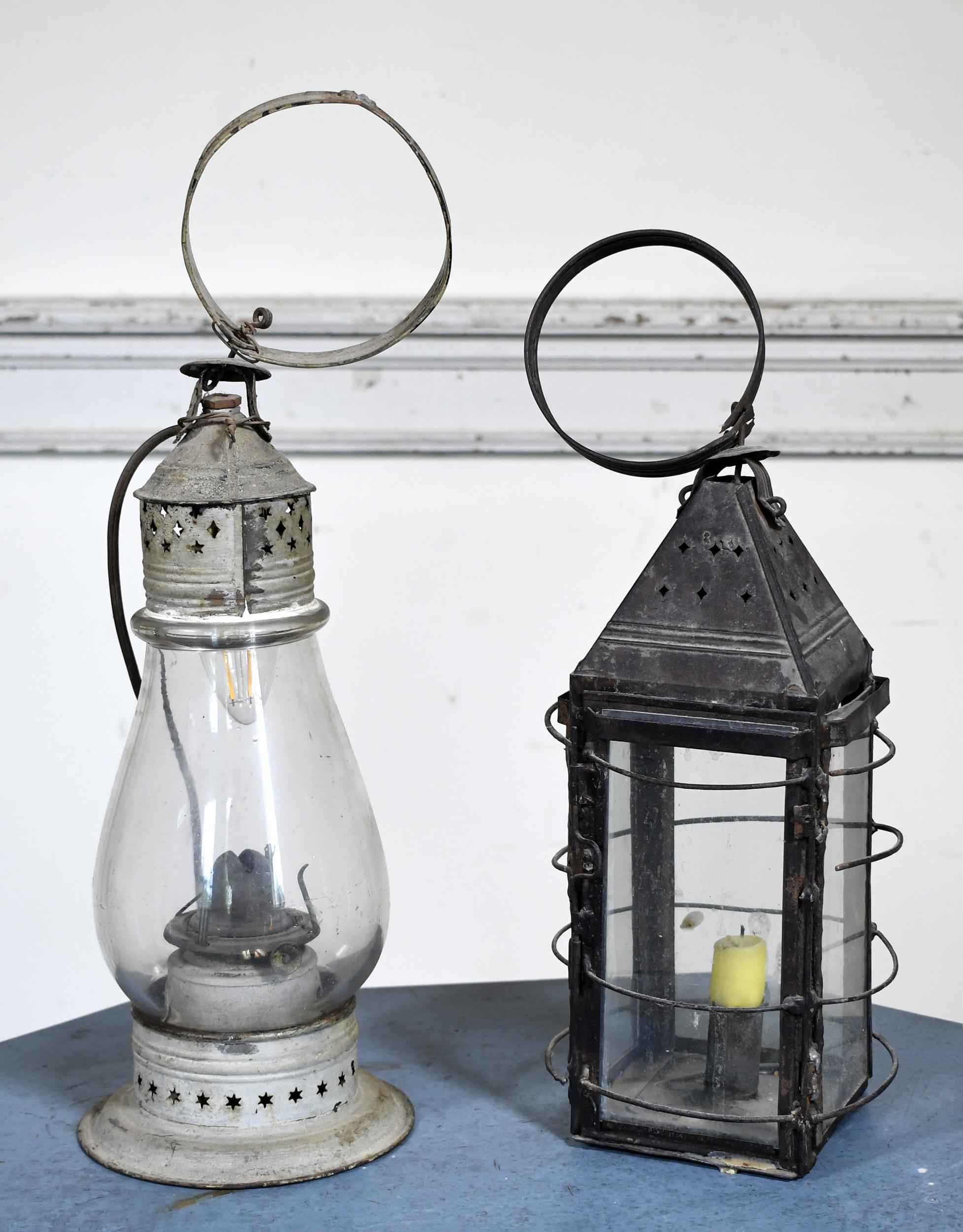 TWO ANTIQUE TIN HANGING LAMPS.