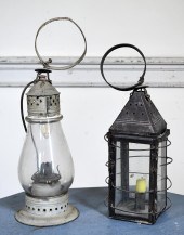 TWO ANTIQUE TIN HANGING LAMPS.