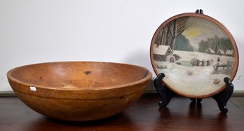 Two antique wood bowls, a large
