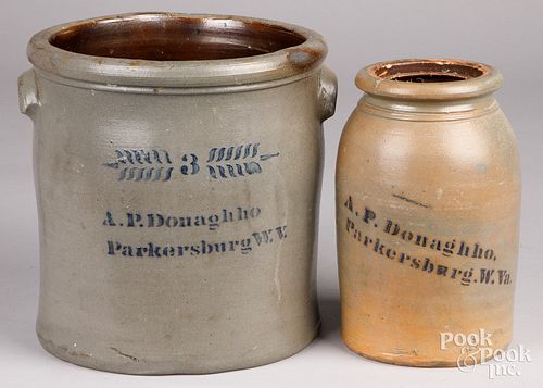 TWO A.P. DONAGHHO STONE CROCKS,