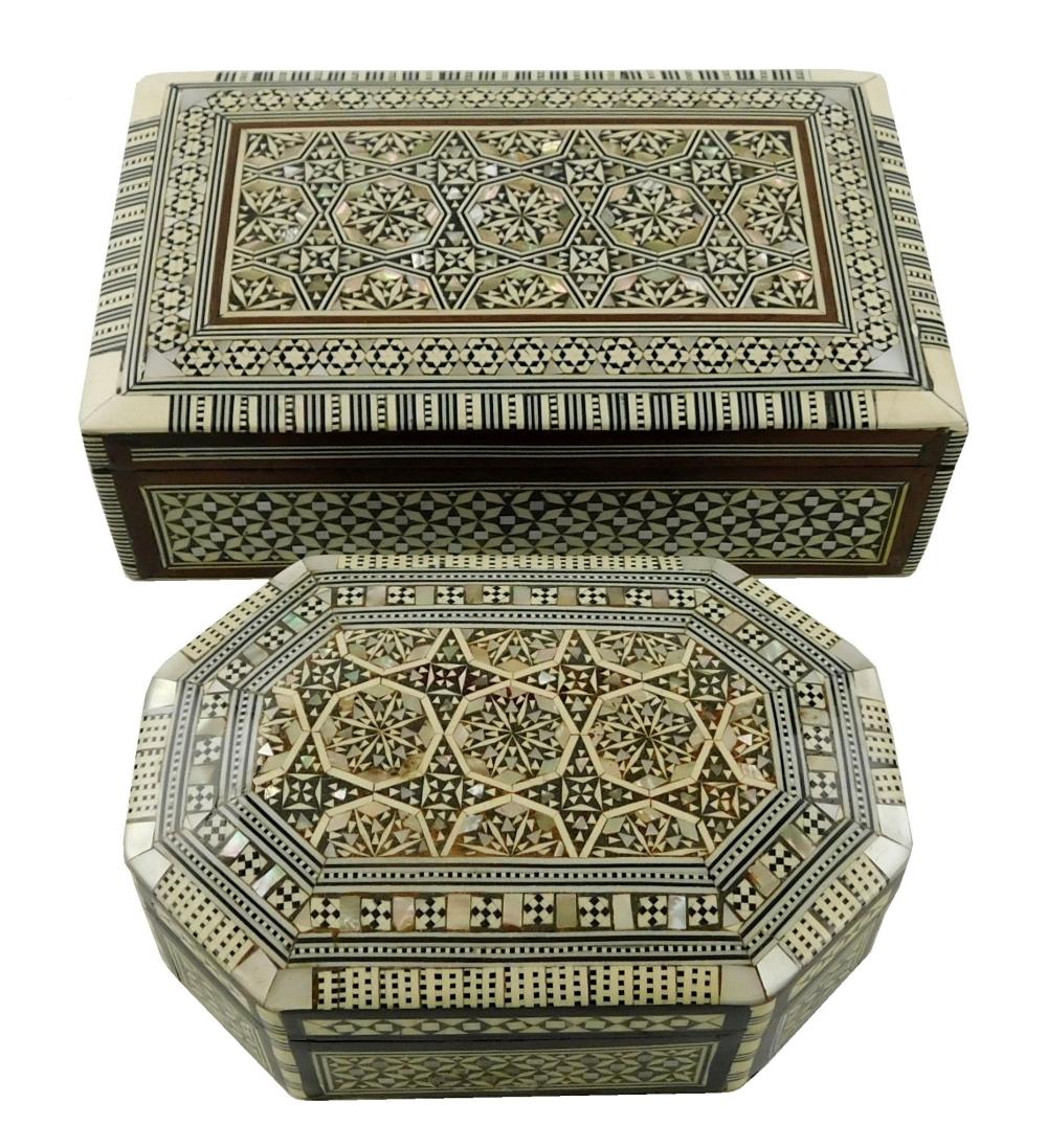TWO ARABESQUE MARQUETRY BOXES