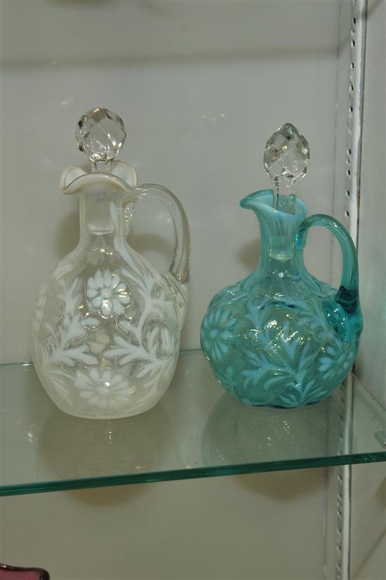 TWO ART GLASS CRUETS. A white