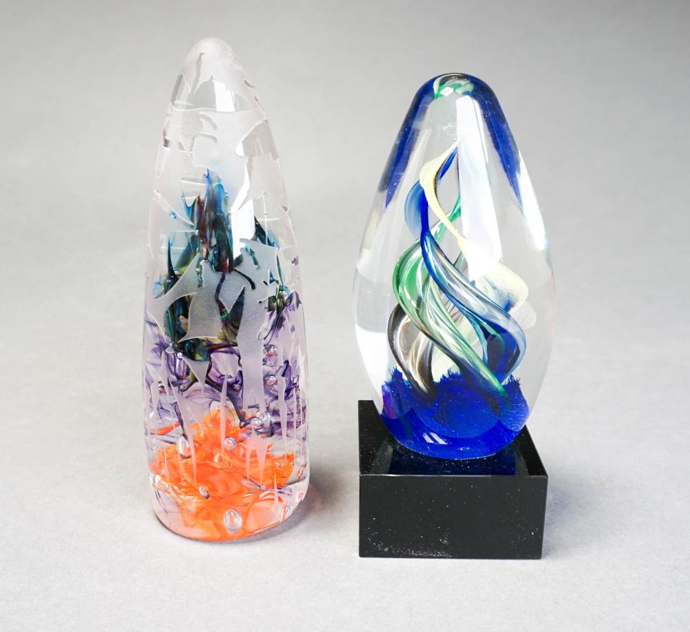 TWO ART GLASS PAPERWEIGHTS, H OF