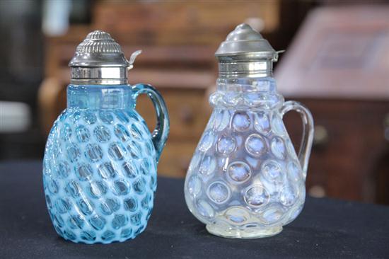 TWO ART GLASS SYRUPS. A blue