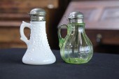 TWO ART GLASS SYRUPS. A milk g