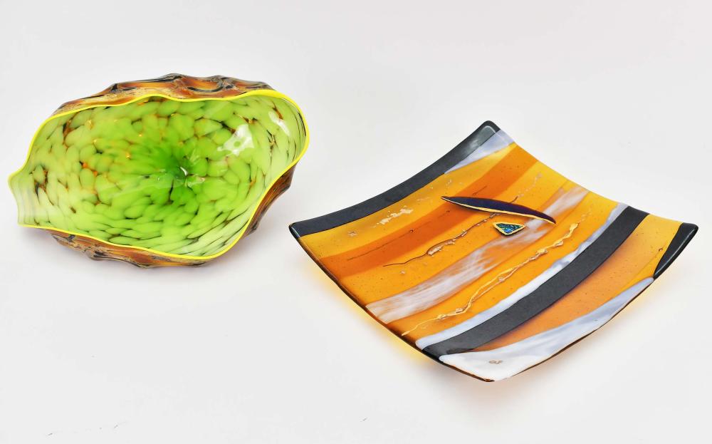 TWO ART GLASS TABLE ITEMSModern.