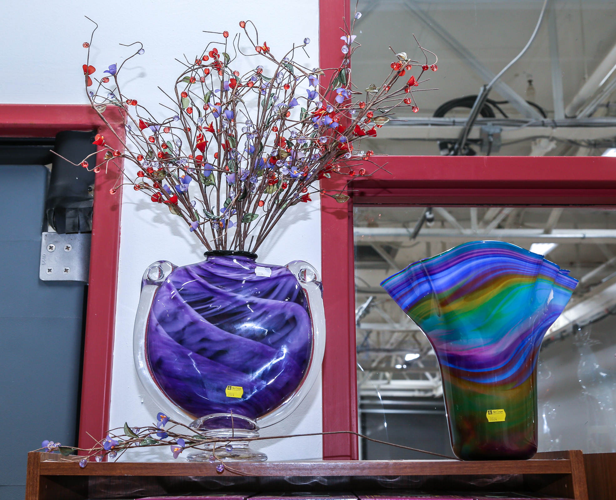 TWO ART GLASS VASES; GLASS FLOWER