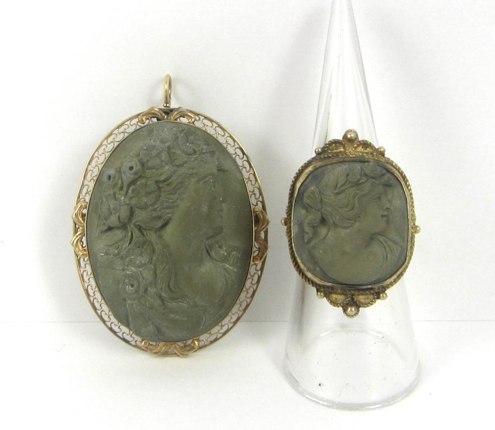 TWO ARTICLES OF LAVA CAMEO JEWELRY,