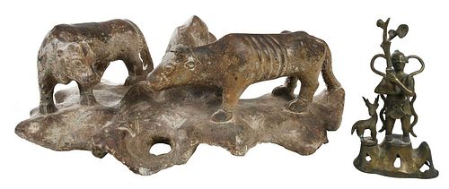 TWO ASIAN BRONZE AND CARVED STONE