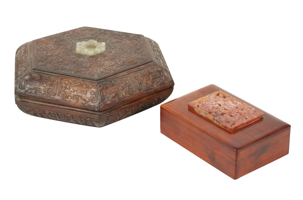 TWO ASIAN CARVED WOOD BOXESTwo