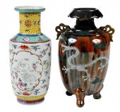 TWO ASIAN ENAMEL DECORATED VAS
