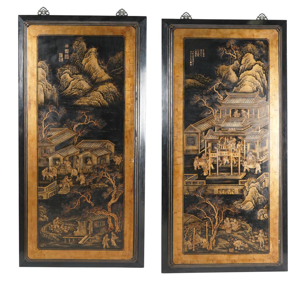 TWO ASIAN-STYLE PAINTED WOOD WALL