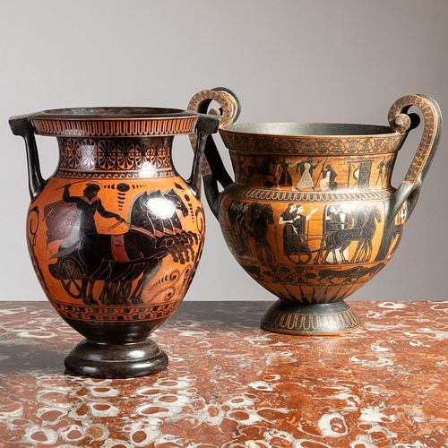 TWO ATTIC WARE URNSThe larger 14