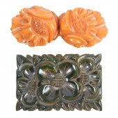 TWO BAKELITE PINS, BLUE GREEN
