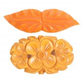TWO BAKELITE PINS, LEAVES AND