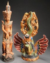 TWO BALINESE CARVED AND PAINTE
