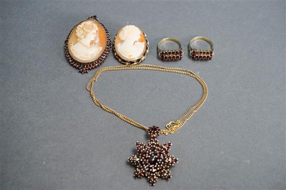 TWO BASE METAL AND GARNET RINGS,