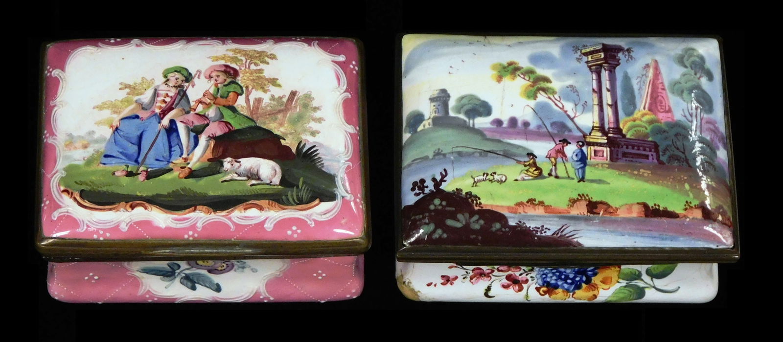 TWO BATTERSEA ENAMEL SNUFF/ TRINKET