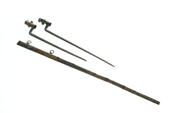 TWO BAYONETS AND A SWORD SCABBARD.