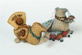 TWO BEADED BIRD PINCUSHIONS.