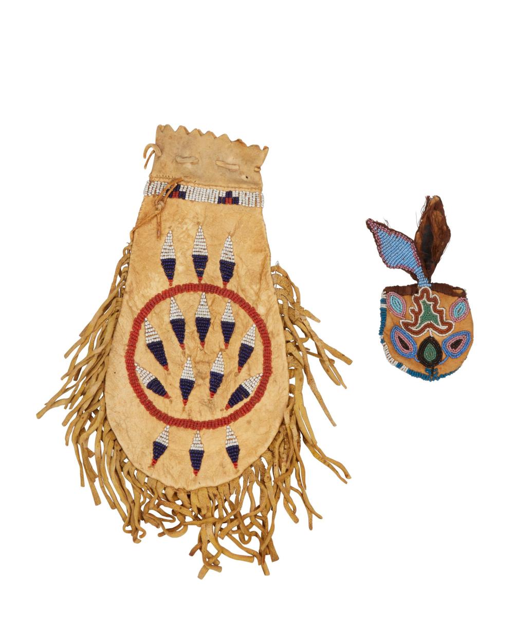 TWO BEADED HIDE BAGSTwo beaded hide