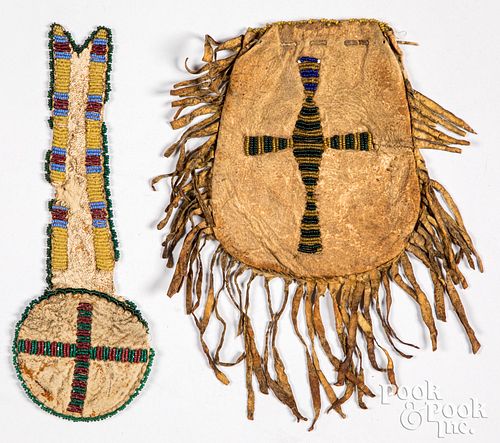 TWO BEADWORK AND HIDE ITEMS, LATE