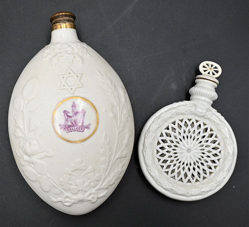 TWO BELLEEK BOTTLES, SMALL FLASK