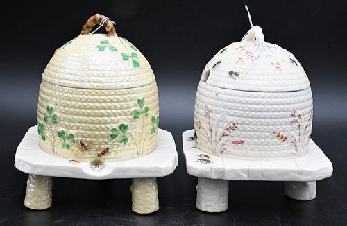 TWO BELLEEK HONEY OR BEE POTS
