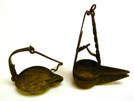 Two Betty lamps  3 1/2'' and 6'' h.