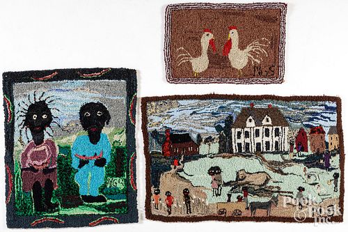 TWO BLACK AMERICANA HOOKED RUGS,