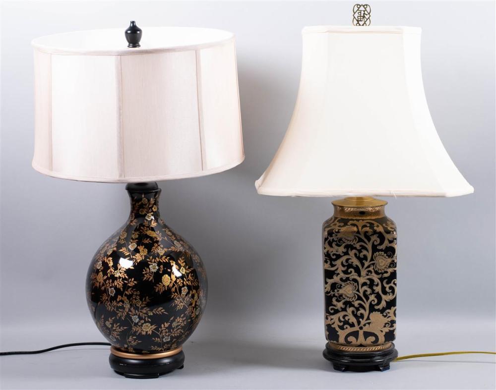 TWO BLACK AND GOLD TABLE LAMPSTWO