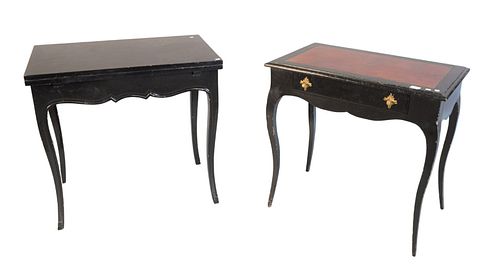 TWO BLACK LACQUERED TABLES ONE WITH