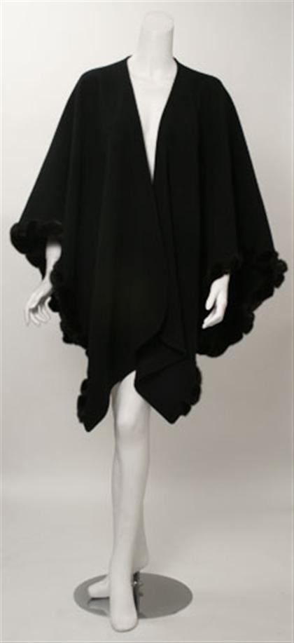 Two black wool fur trimmed shawls