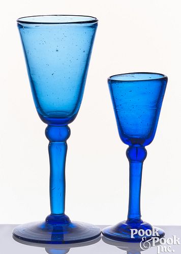TWO BLOWN COBALT GLASS STEMMED WINE