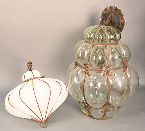 TWO BLOWN GLASS HANGING LIGHTS