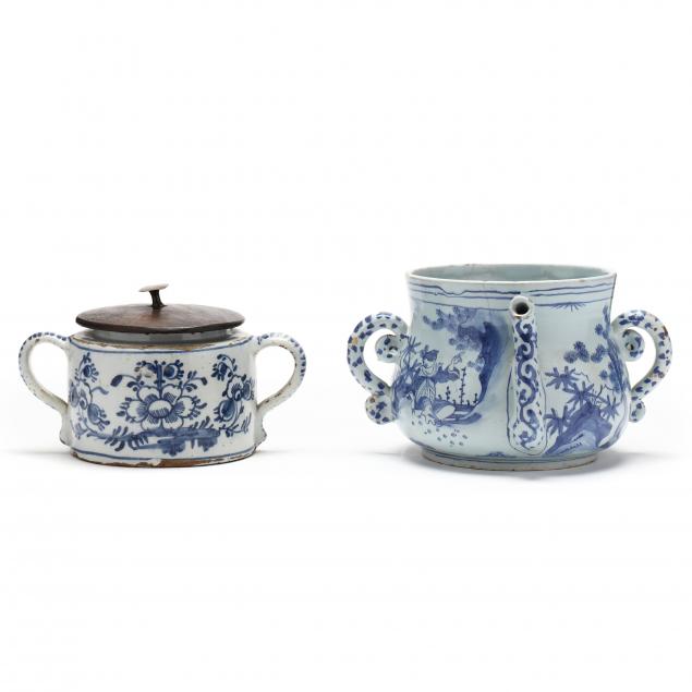 TWO BLUE AND WHITE DELFT POTS