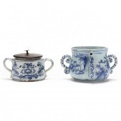 TWO BLUE AND WHITE DELFT POTS