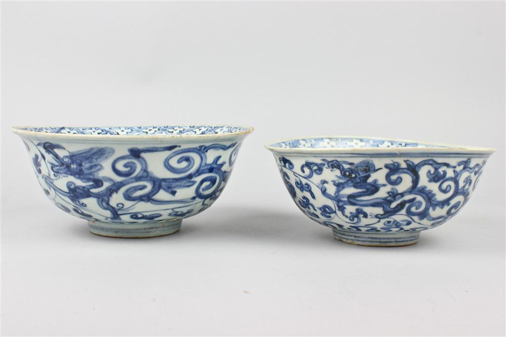 TWO BLUE AND WHITE DRAGON BOWLS