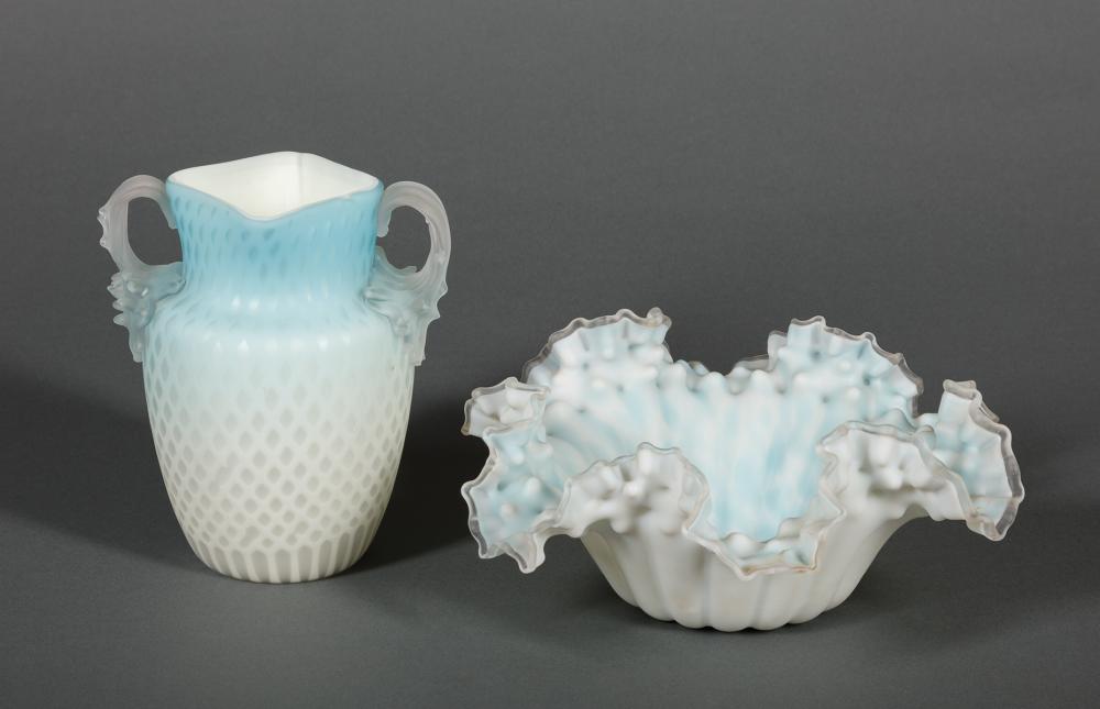 TWO BLUE AND WHITE SATIN ART