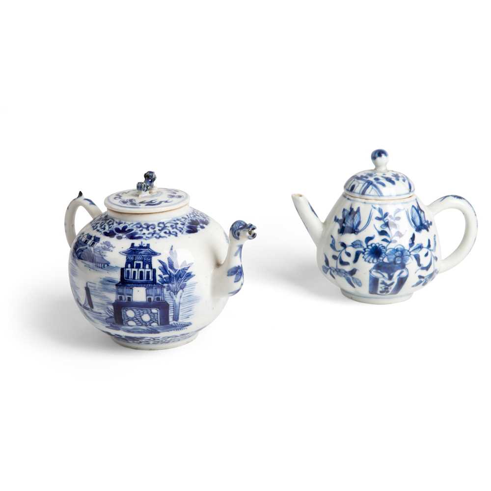 TWO BLUE AND WHITE TEAPOTS WITH