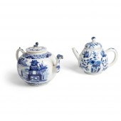 TWO BLUE AND WHITE TEAPOTS WIT